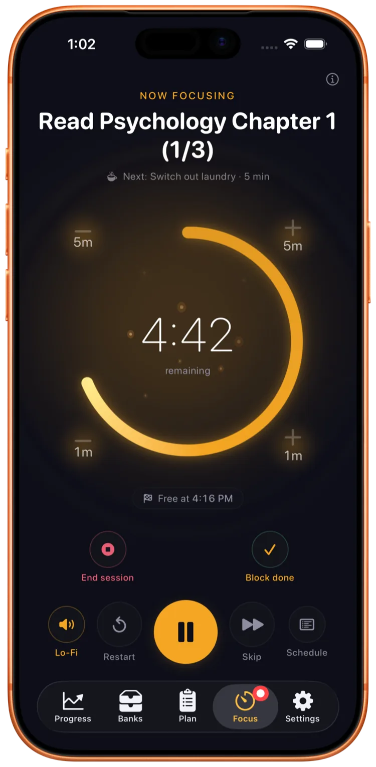 Ebbi focus session timer with countdown ring