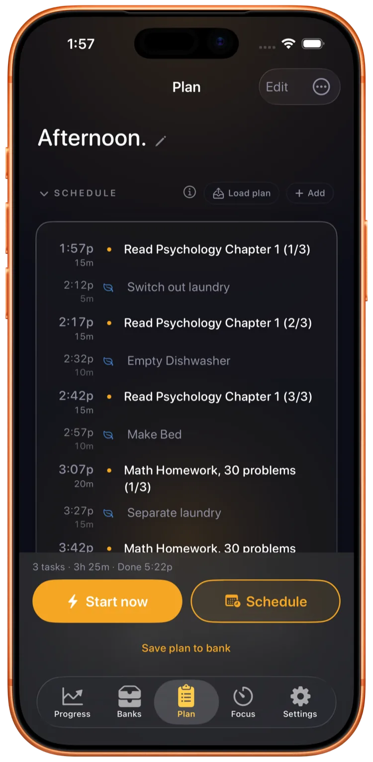 Ebbi planning an afternoon with tasks and resets